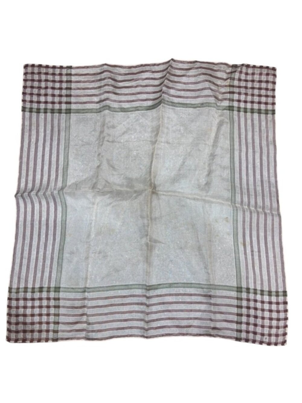 Vintage 16x16 Handkerchief Brown Green Striped Checkered Border Retro Cabin